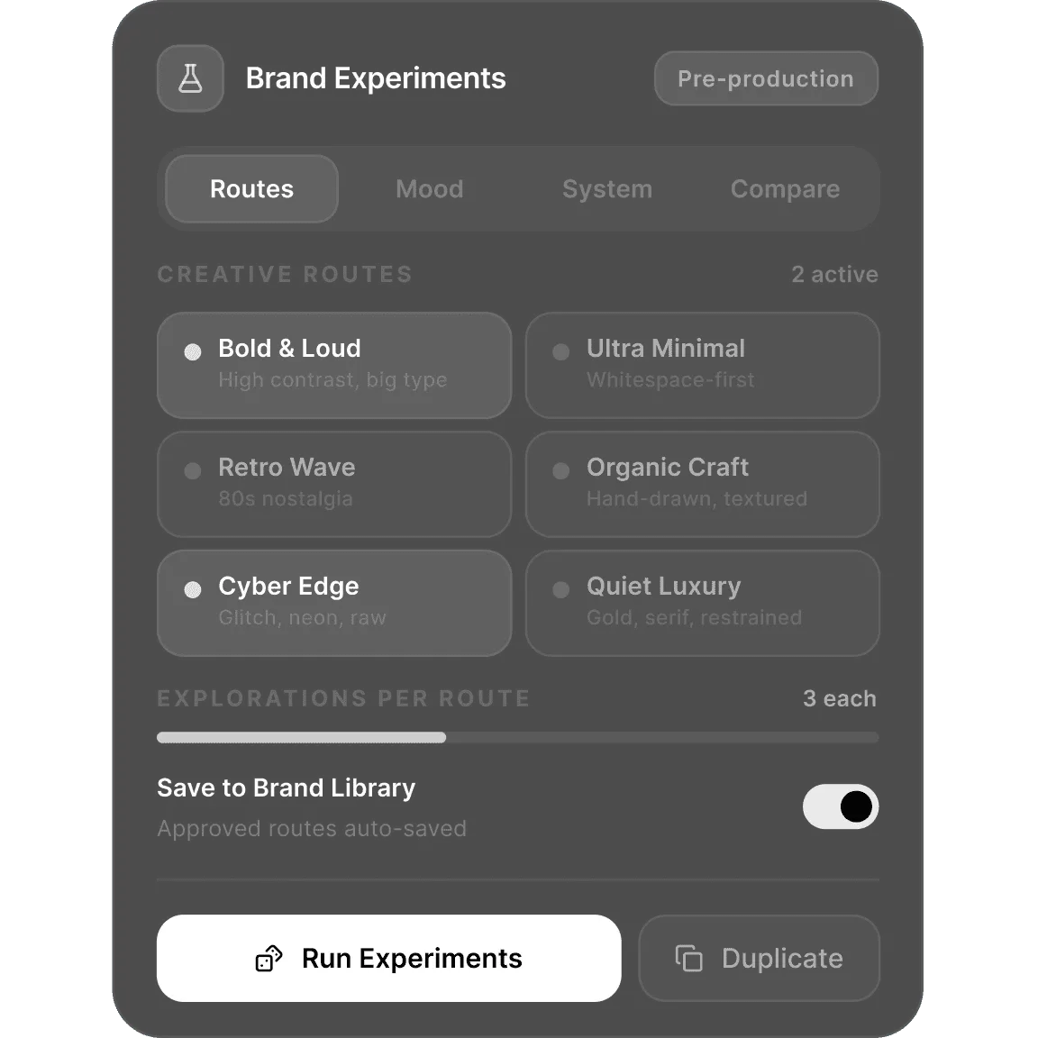 Painel de testes de marca do DreamMotion com estilos, cenas e variações.