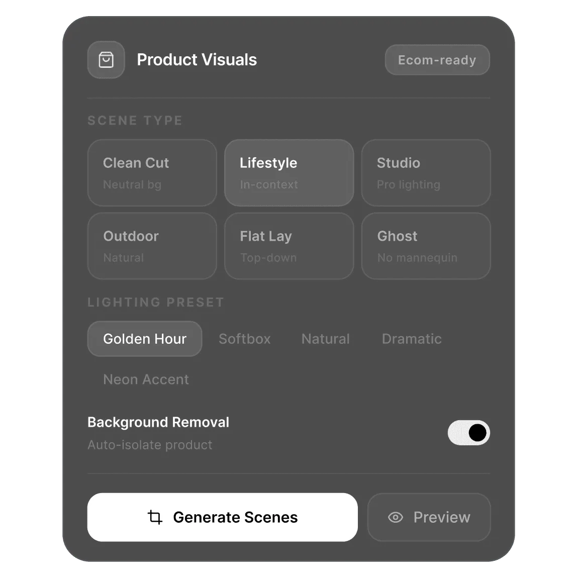 Gerador de visuais de produto do DreamMotion com variações de imagem.