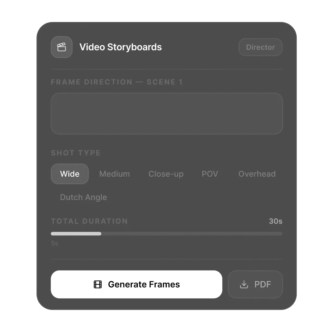 Storyboard de vídeo no DreamMotion, com quadros cinematográficos.