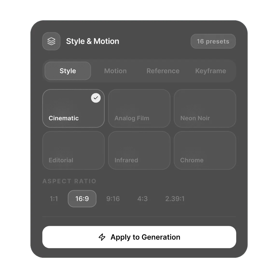 Controles criativos do DreamMotion para estilo, movimento e referências.