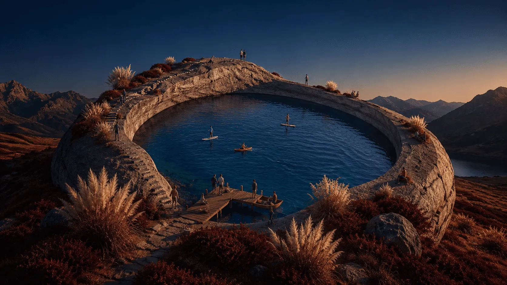 Lago circular cercado por um muro de pedra, com pequenos barcos, ao entardecer