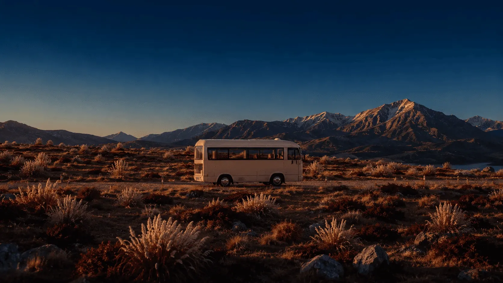 Paisagem de montanhas ao entardecer com um ônibus antigo parado no campo
